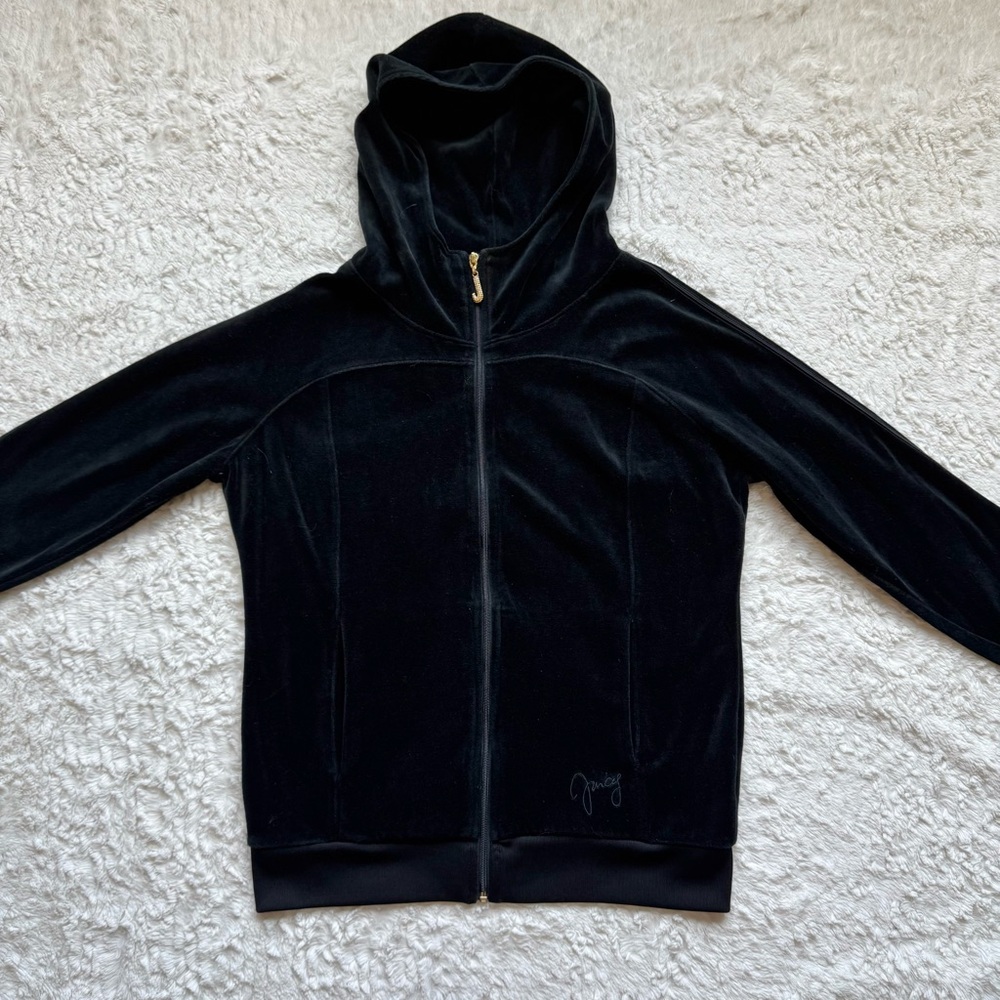 Y2K Juicy Couture Velour Zip Up Hooded Jacket Size M Black Logo Embellished